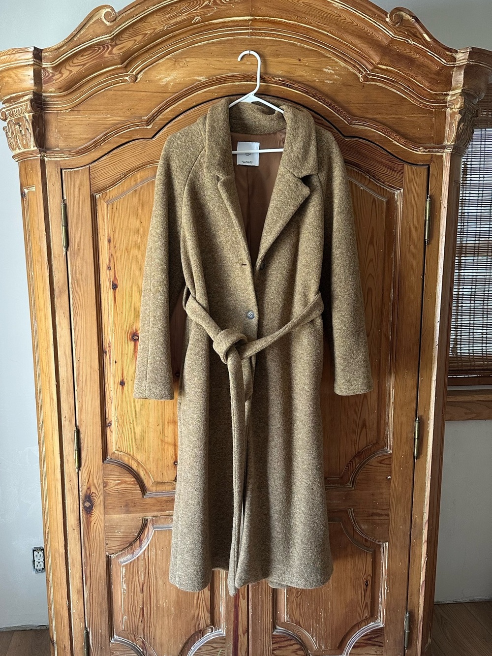 Mango MNG Oat Tan Heathered Long Wool Blend Coat tie and button front size  SM